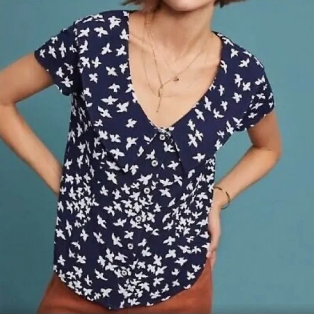 Anthropologie Austen Collared Navy and White Bird Motif  Blouse Top Size 12_7